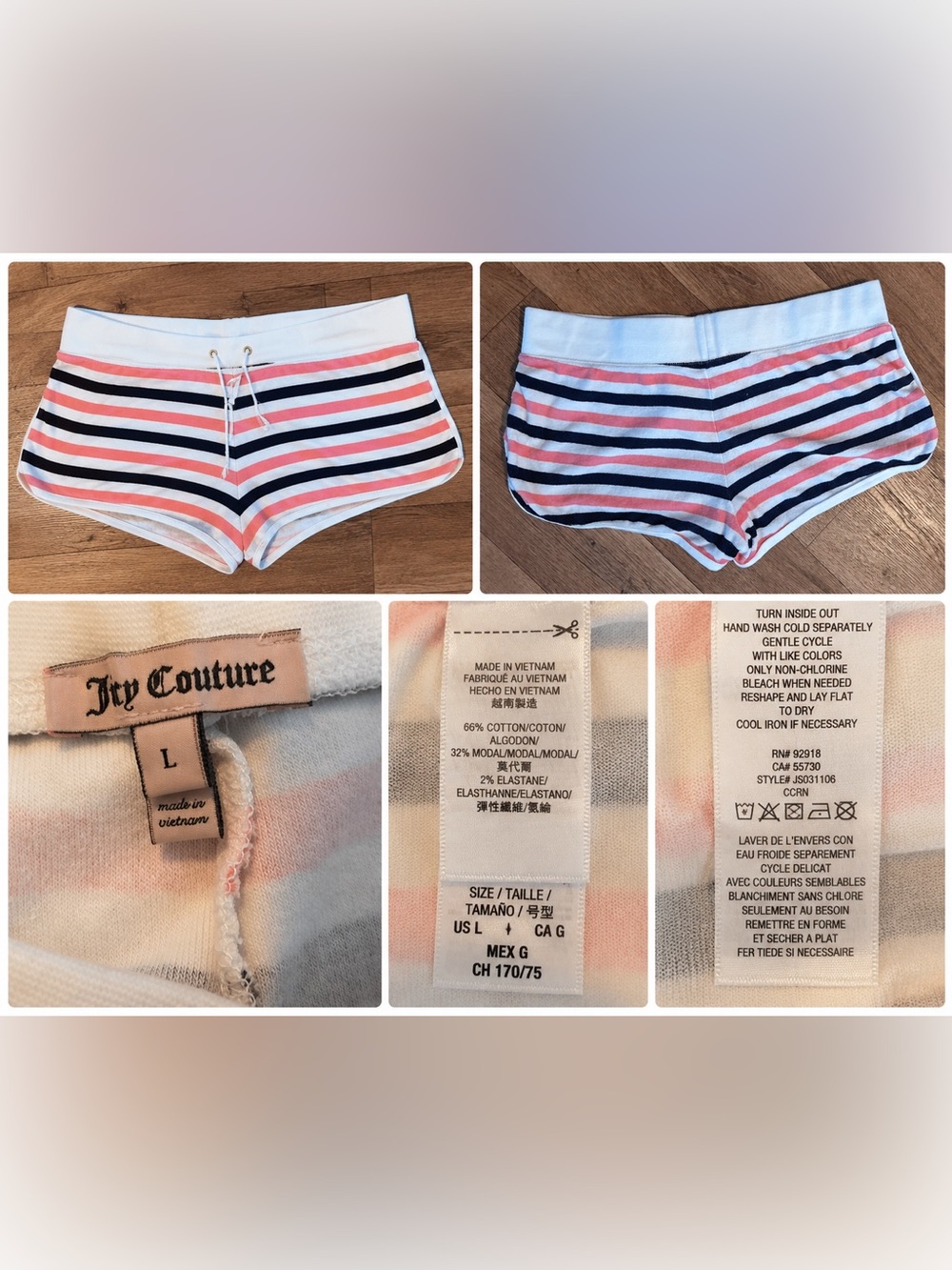Juicy Couture Coral, Navy & White Striped Terry Lounge Shorts size Laege